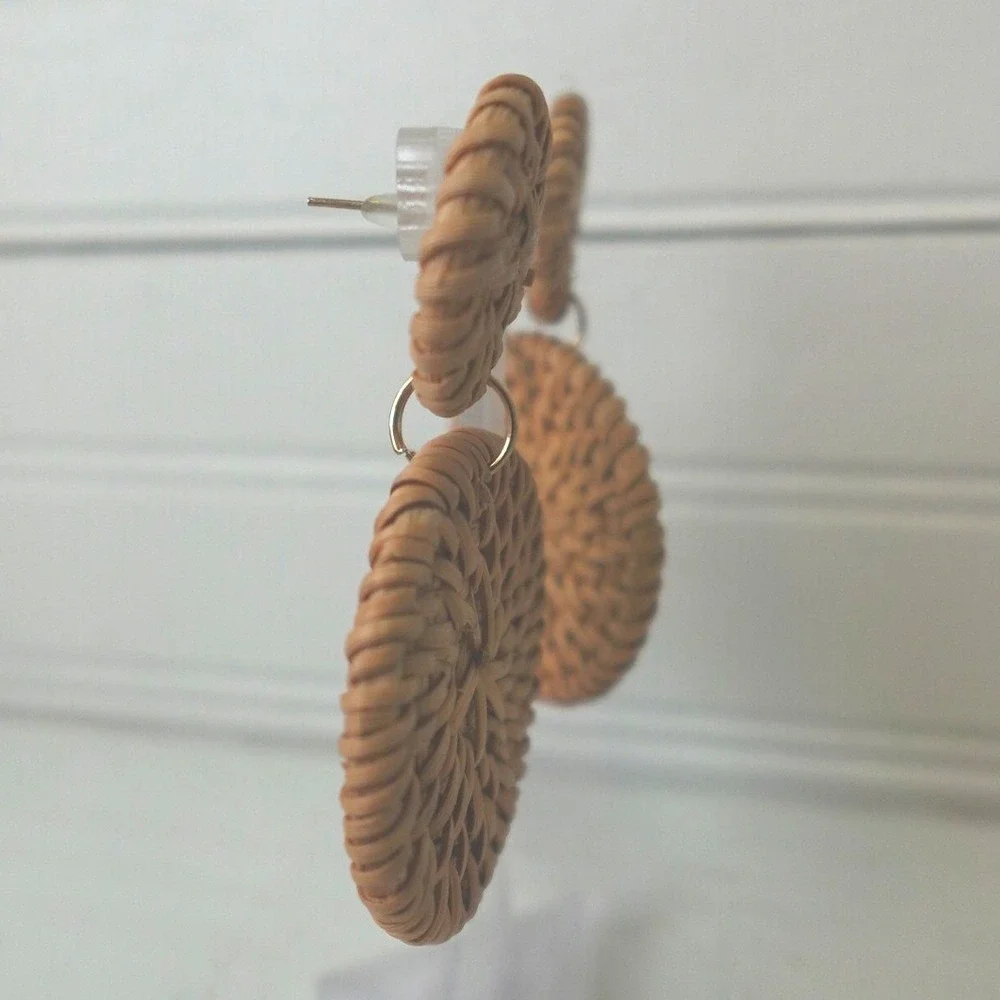Large Y2K Woven Earrings Rattan Wicker Boho Hippie Vintage Pierced Jewelry